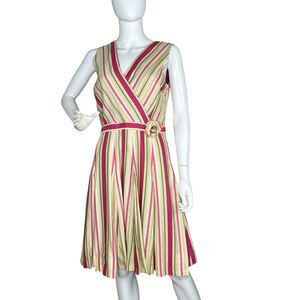 Adrianna Papell Women's Size 10P Linen Blend striped Pleated Fit & Flare Dress